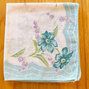 Vintage Handkerchief Hanky Printed Blue Purple Flowers Cotton Green 10.5"